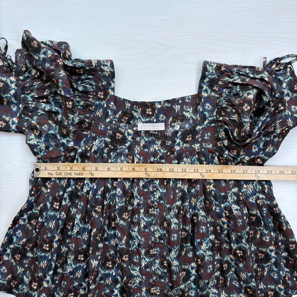 ULLA JOHNSON Lorraine Cobalt Pleated Blouse Floral Silk Top Puff Sleeves Size 6